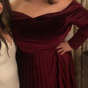 Pleated Velvet Bardot Midi Dress